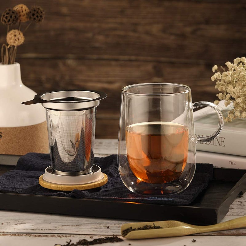 glastal Tea Infuser Mug 14.5oz Insulated Heatproof Glass Tea Cup with Removable Infuser and Lid, Clear Glass Teacup 430ml Double Wall Borosilicate Glass Teacup for Loose Tea, Gifts for Parents Dad Mum - Image 5